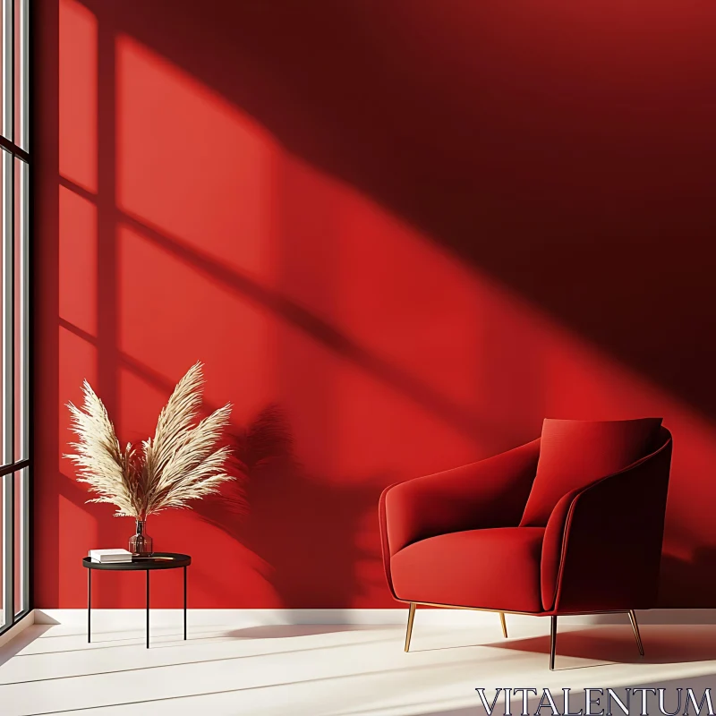 Sunlit Red Room with Armchair AI Image