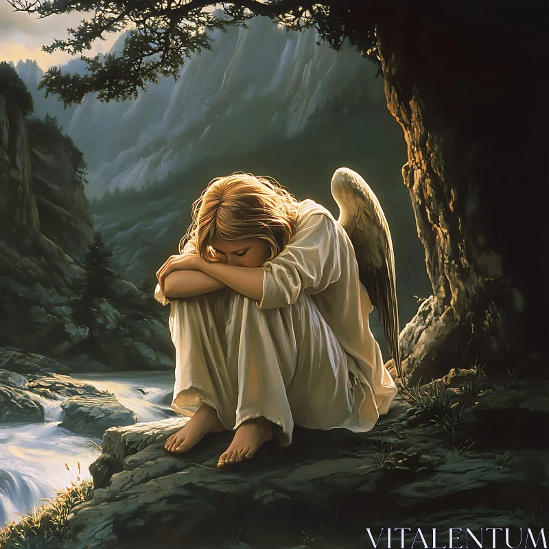 AI ART Contemplative Angel by the Water's Edge