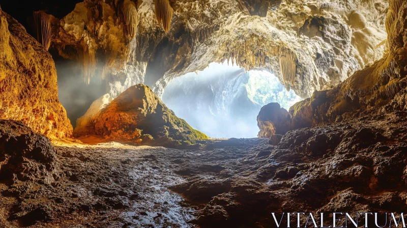 AI ART Sunlit Cave with Rugged Rock Formations