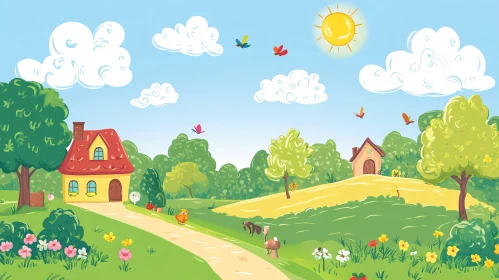 Whimsical Cartoon Countryside Illustration