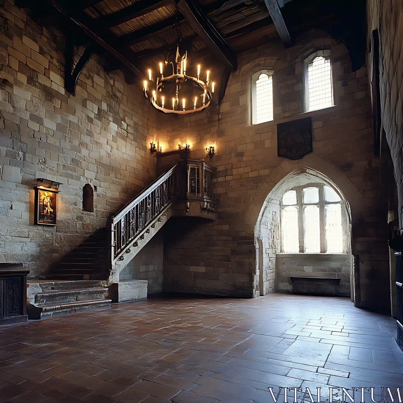 Medieval Hall Interior with Chandelier AI Image