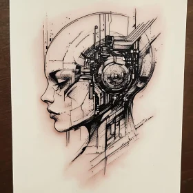 Intricate Cyborg Profile in Ink