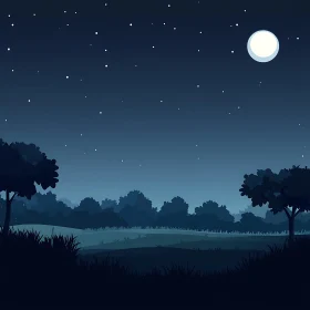 Moonlit Night Sky Over Forest Landscape