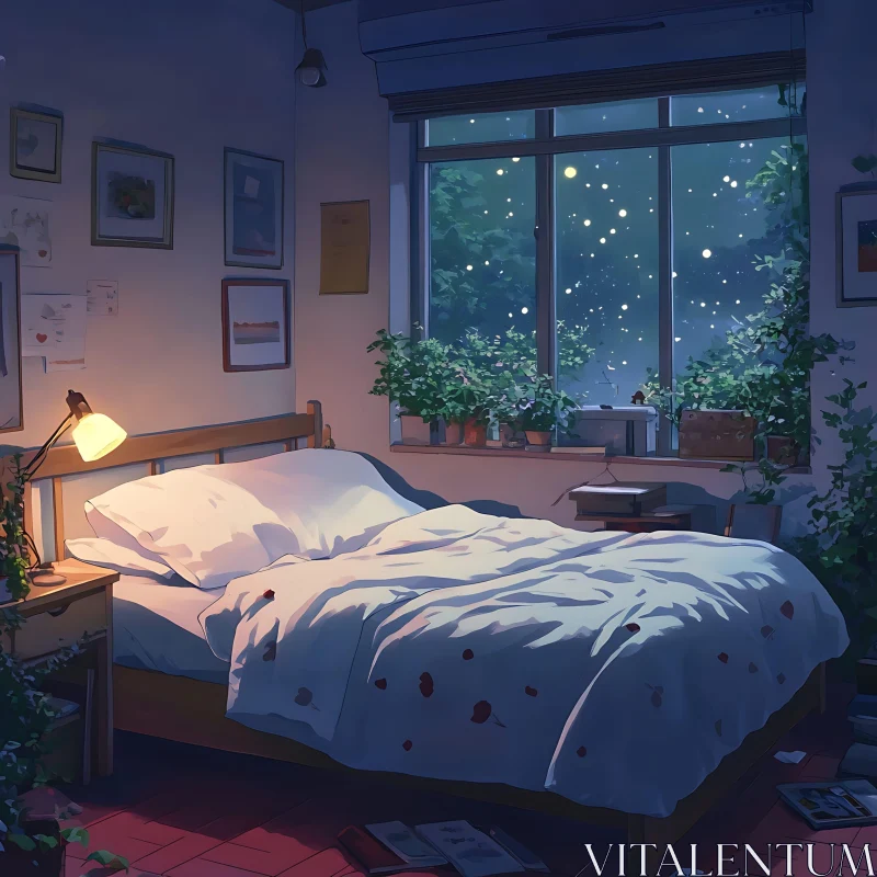 AI ART Cozy Bedroom Interior with Night Sky