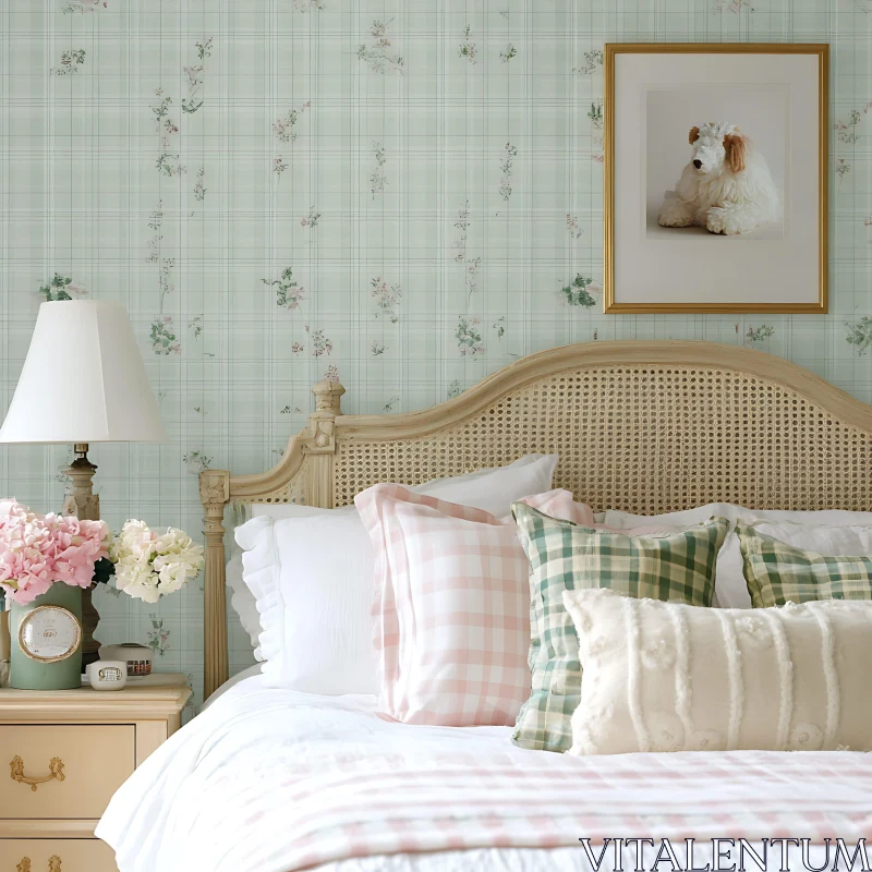 Pastel Bedroom with Checked Pillows AI Image