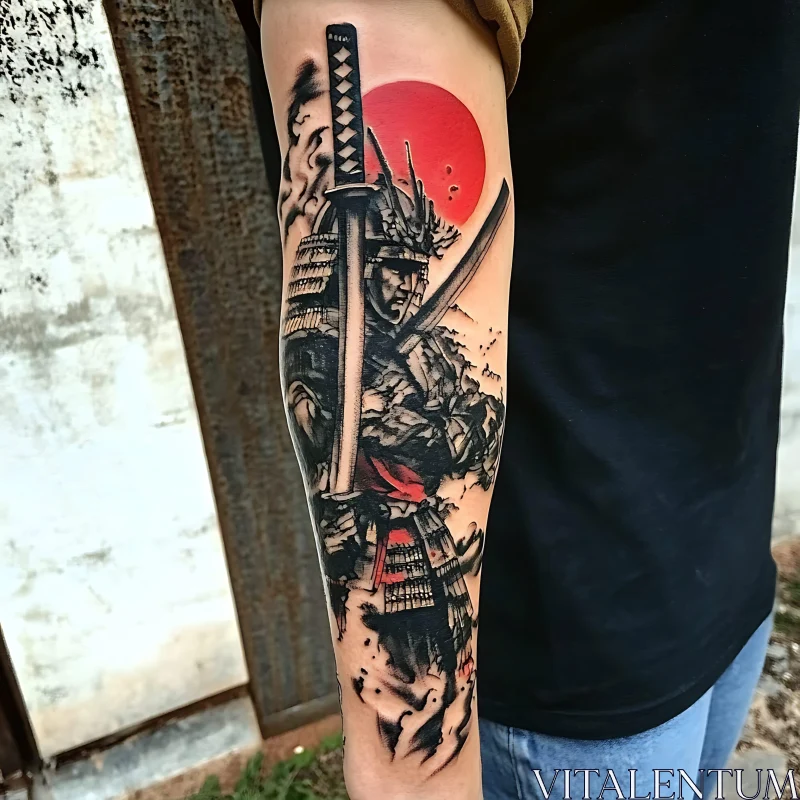 Samurai Warrior Tattoo with Red Sun AI Image