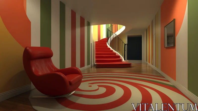 AI ART Colorful Striped Hallway with Red Staircase