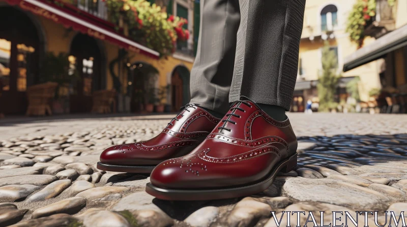 Brown Leather Shoes on Cobblestone Street in European City AI Image