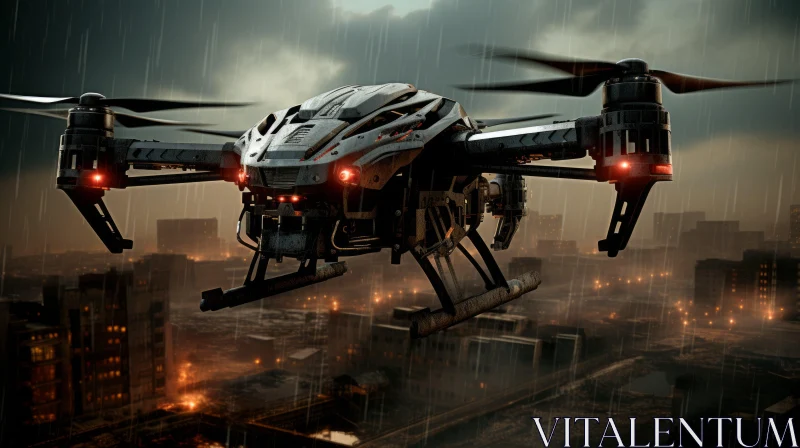 Cyberpunk Drone Soaring in Stormy Sky AI Image