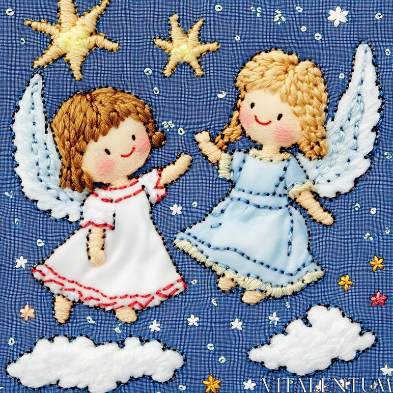 AI ART Embroidered Angel Dolls with Stars and Clouds