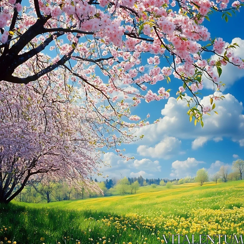 Pink Cherry Blossoms over Green Field AI Image