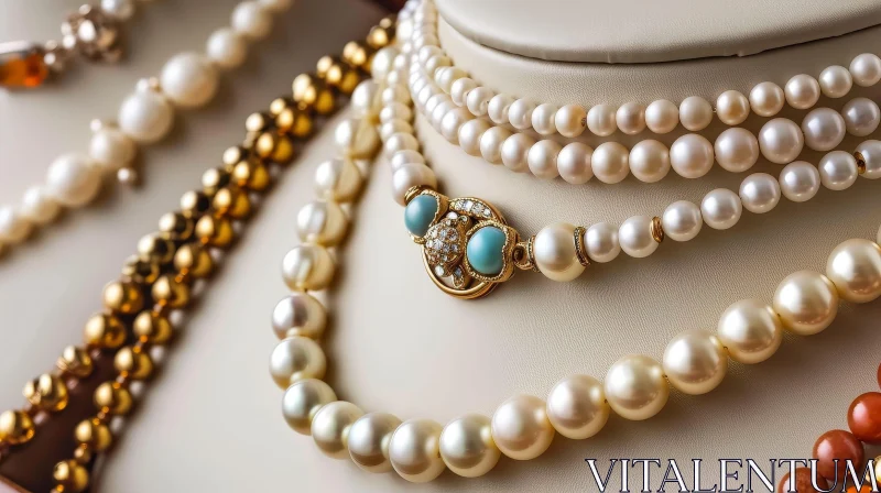 Elegant Pearl Necklace on Mannequin | Turquoise Stones & Diamonds AI Image