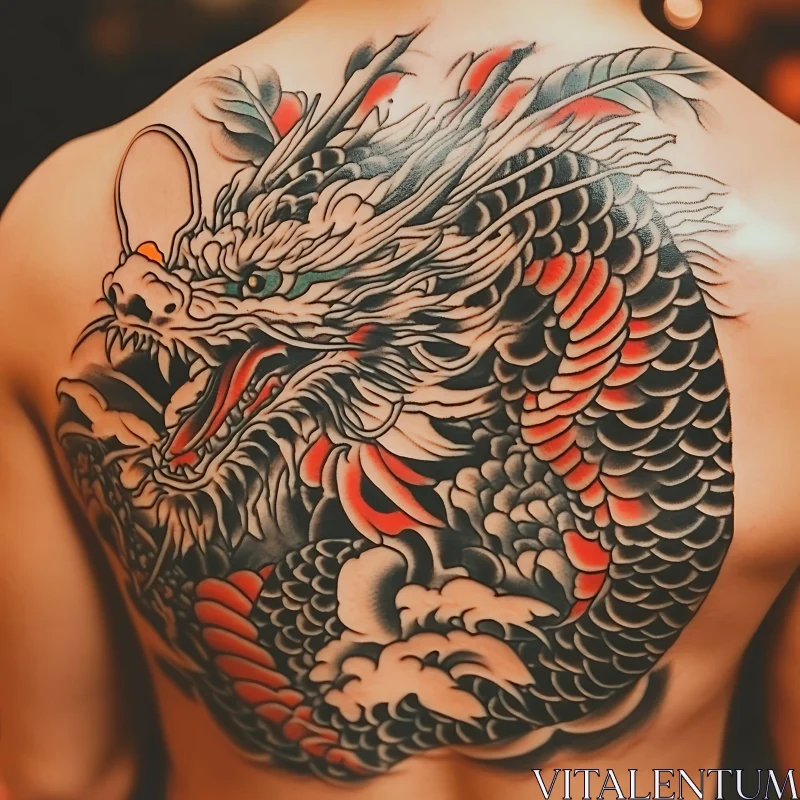 Detailed Dragon Tattoo Design on Person's Back AI Image