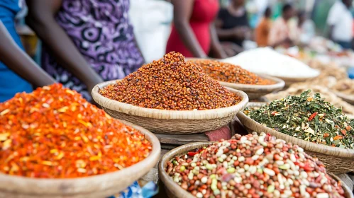 Vibrant Market Spices in Woven Baskets