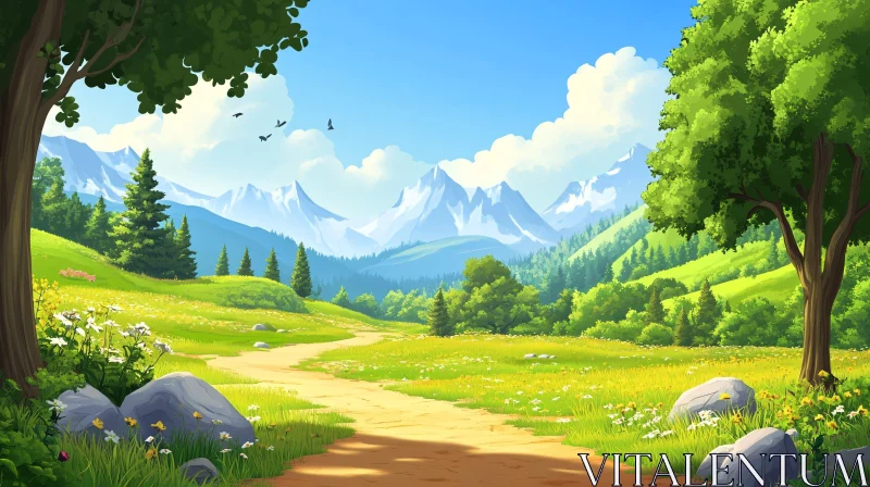 Tranquil Path Through Green Valley AI Image