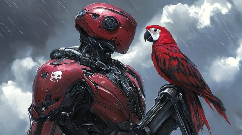 Tech Meets Nature - Red Robot and Parrot