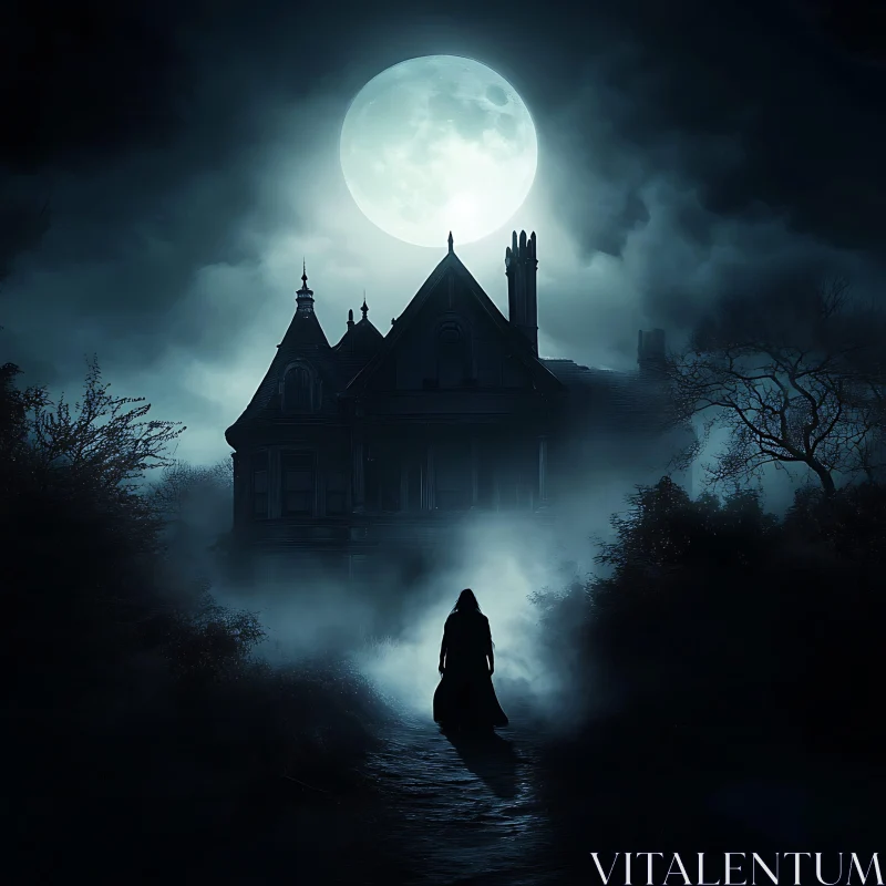 Moonlit Silhouette at Haunted House AI Image