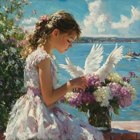 Young Girl Arranging Flowers with Doves