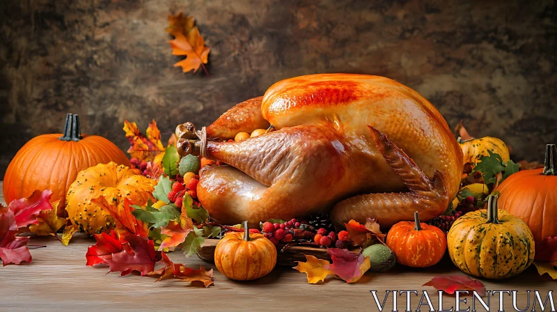 Roasted Turkey with Pumpkins and Fall Foliage AI Image