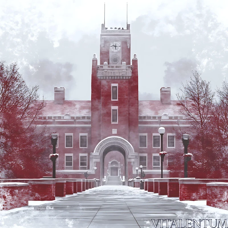 Snowy University Architecture with Clock Tower AI Image