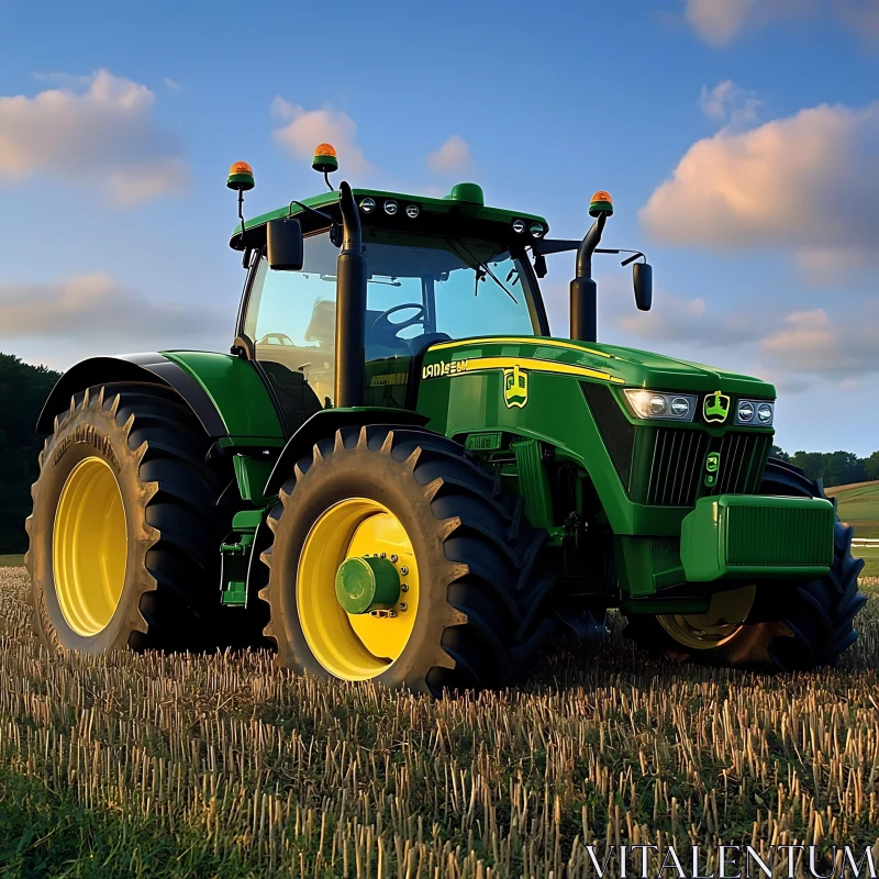 Green Tractor on Harvested Land AI Image