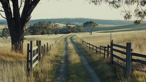 Rural Landscape with Dirt Road and Fence