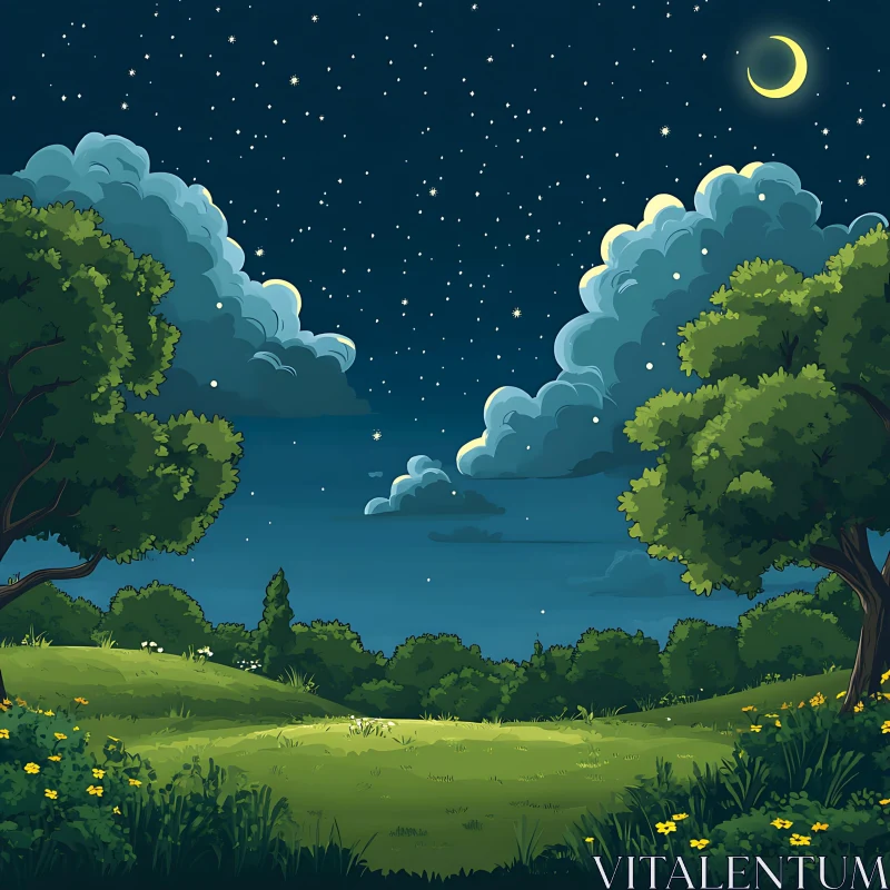 Peaceful Night Scenery with Green Fields AI Image