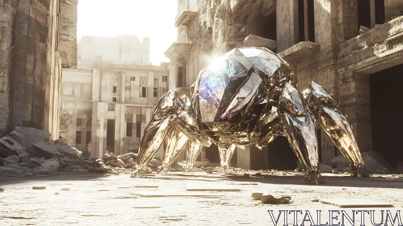 Chrome Arachnid Sentinel in Decayed City AI Image