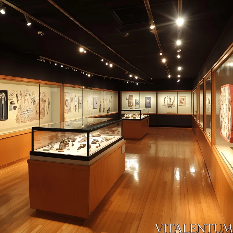 Illuminated Museum Gallery Displaying Historical Items AI Image