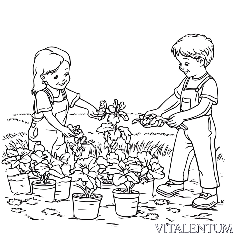 Kids Planting Flowers Black and White AI Image