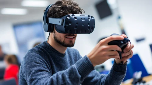 Man Experiencing Virtual Reality with Headset