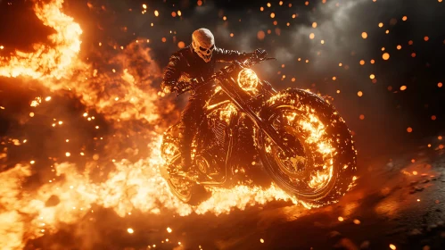 Flaming Motorcycle Rider with Skull Head