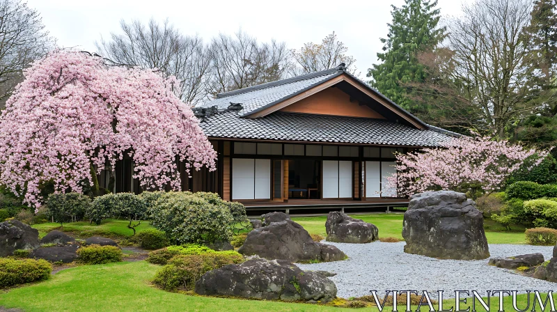 Zen Garden House with Blooming Cherry Trees AI Image