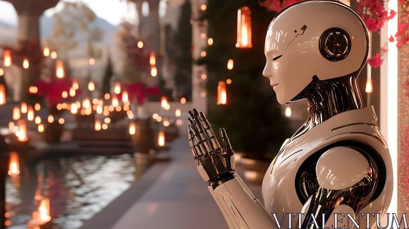 Robot Praying in Tranquil Temple Setting AI Image