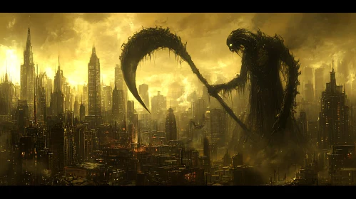 Apocalyptic Cityscape with Shadowy Reaper