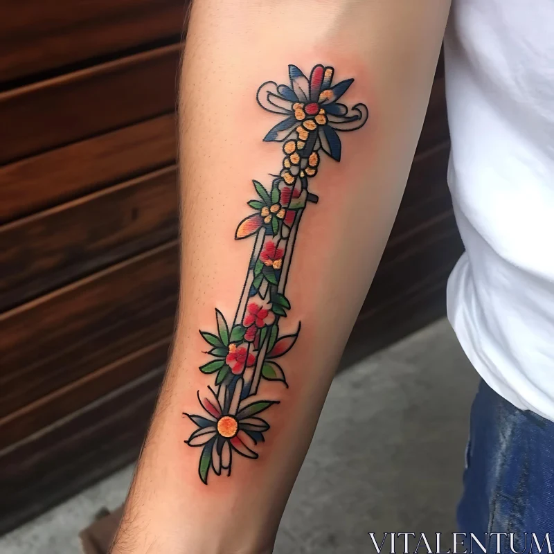 Vivid Flower-Edged Sword Tattoo AI Image