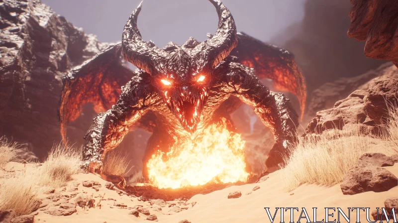 Dragon with horns and fiery eyes AI Image