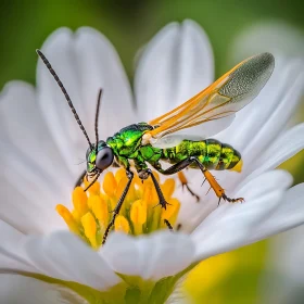 Green Insect on White and Yellow Flower in Macro