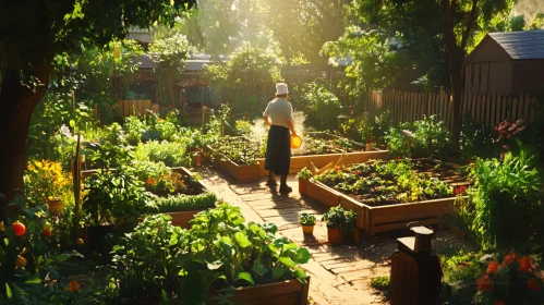 Tranquil Garden Scene with Raised Beds