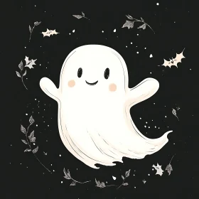 Friendly Ghost and Bat Halloween Art