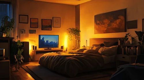 Cozy Bedroom with City View on TV