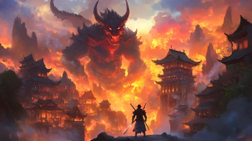 Fiery Battle: Warrior Confronts Giant Demon