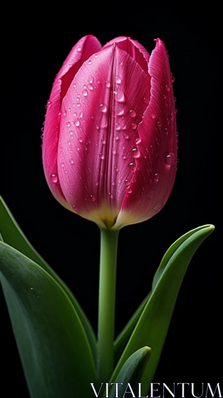 Intricate Pink Tulip with Water Droplets - Dark Background AI Image