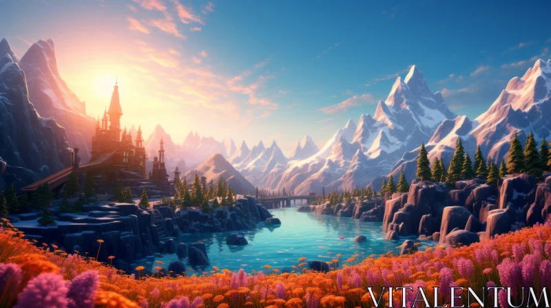 Mountain Sunrise with Lush Flowers - Nature's Beauty Captured AI Image