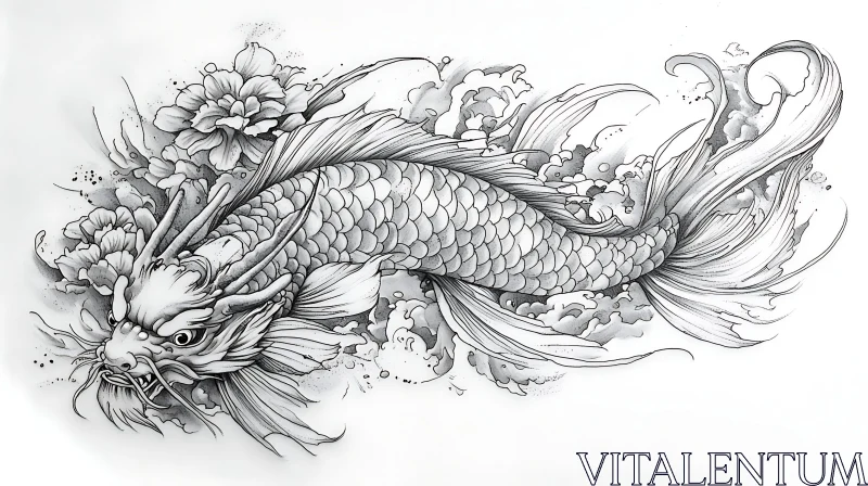 Ink Art Tattoo with Dragon, Koi Fish, and Floral Motifs AI Image