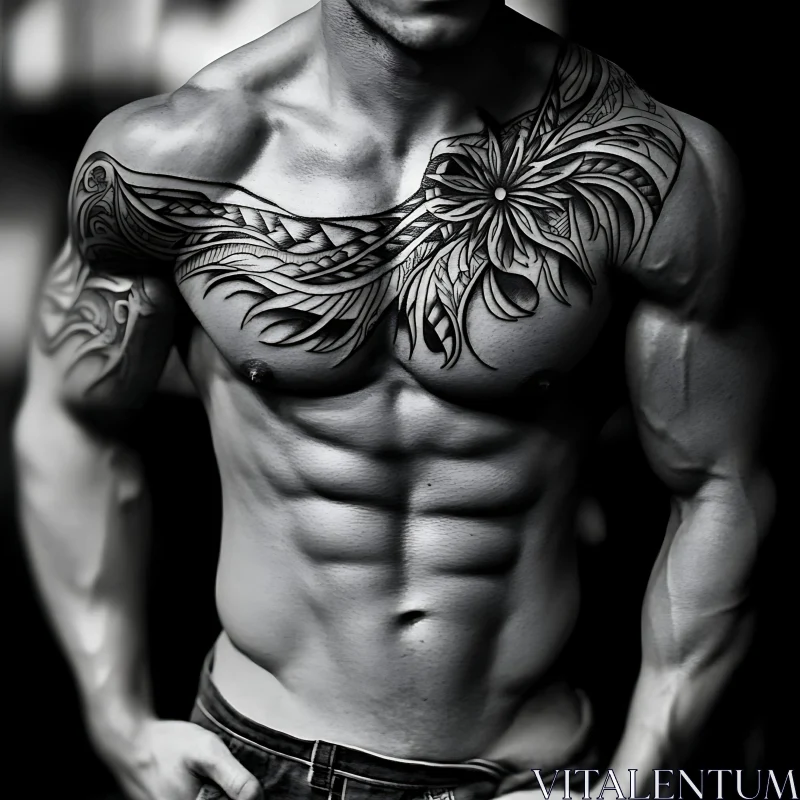 Elaborate Tattoo Designs on Muscular Chest AI Image