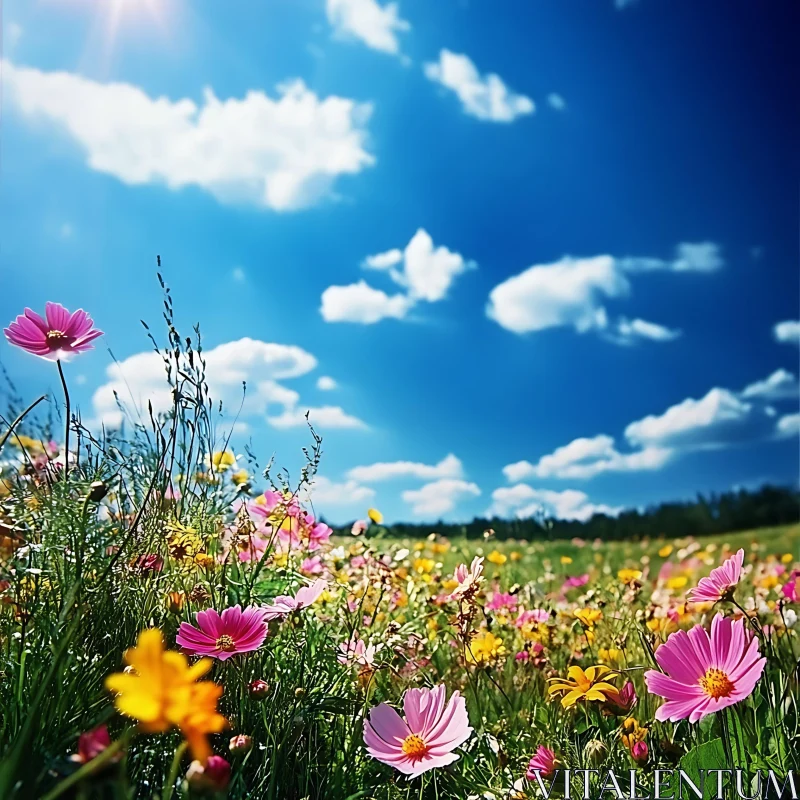 Blossoming Field with Clear Blue Sky AI Image