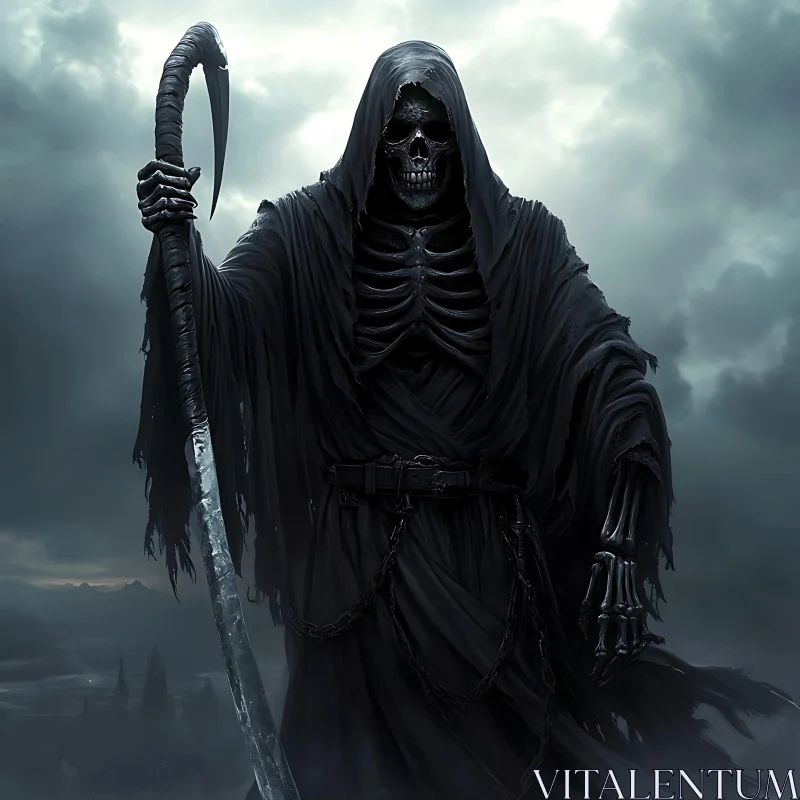 AI ART Ominous Reaper with Scythe Against Cloudy Sky