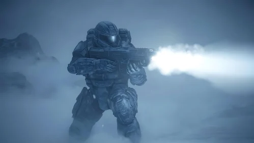 Armored Soldier Firing Weapon in Cold Mist