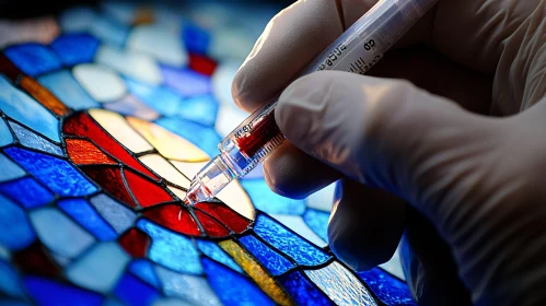 Detailed Stained Glass Creation with Syringe and Gloved Hand